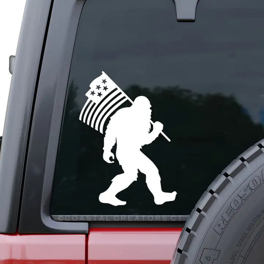 Bigfoot American Flag Window Decal - White